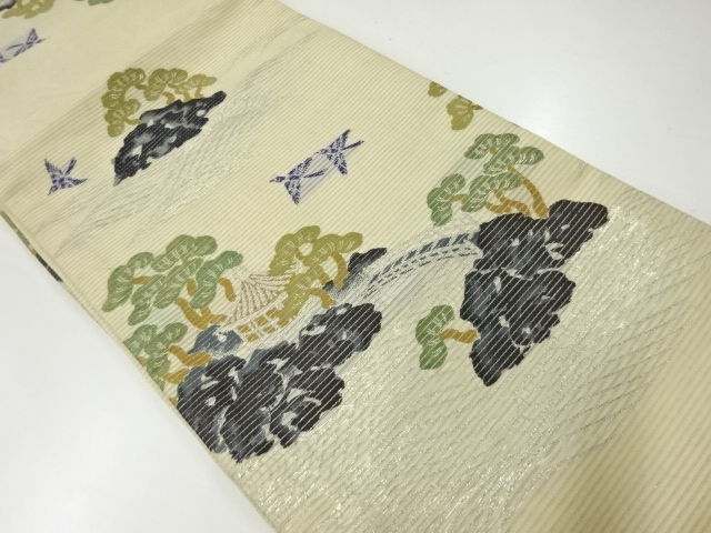 JAPANESE KIMONO / ANTIQUE SUMMER MARU OBI / WOVEN PINE & BIRD WITH TEMPLE 